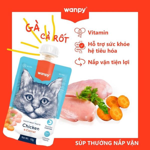 Súp thưởng cao cấp Wanpy nắp vặn rau củ gà và cà rốt cho mèo